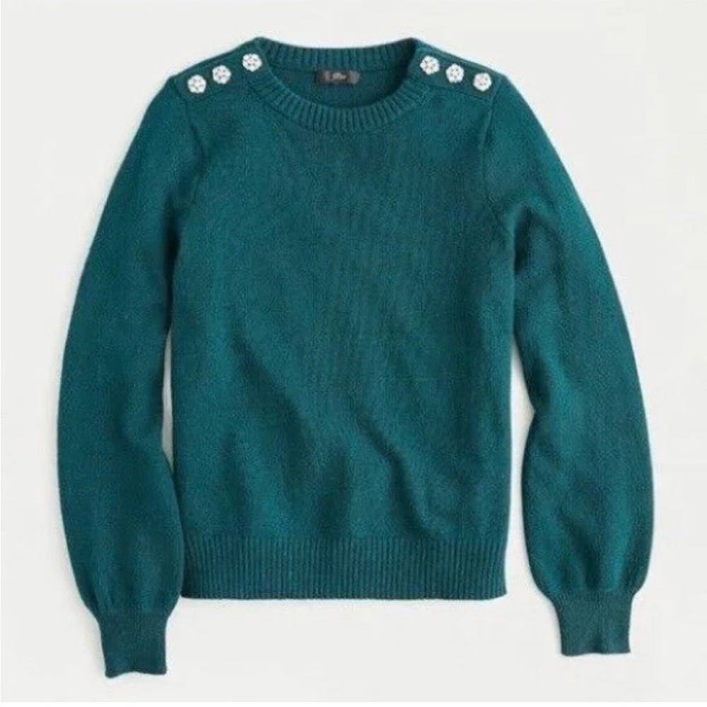NWT J. Crew forest green sweater with jeweled shoulders